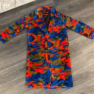 Multi colored faux fur camo coat